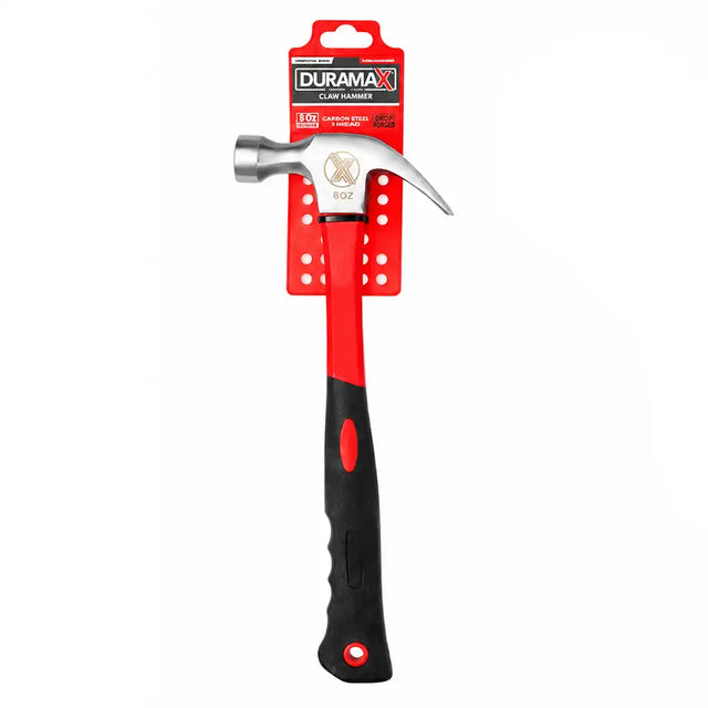 A hammer with a red and black handle and a silver claw head, attached to a red retail hanger card. The brand DURAMAX is clearly visible on the packaging.