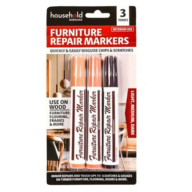 Packaging of Duramax Furniture Repair Markers with three markers inside on a white background.