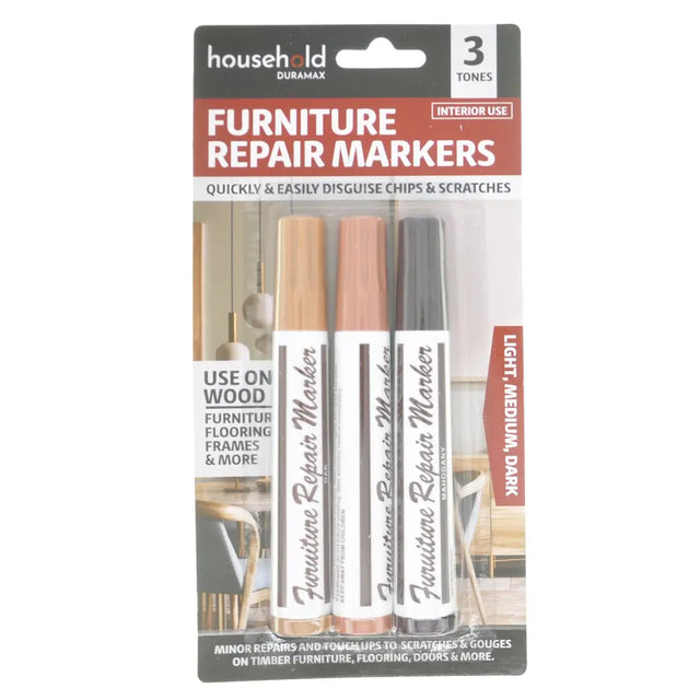 Packaging of furniture repair markers with three different tones on a white background.