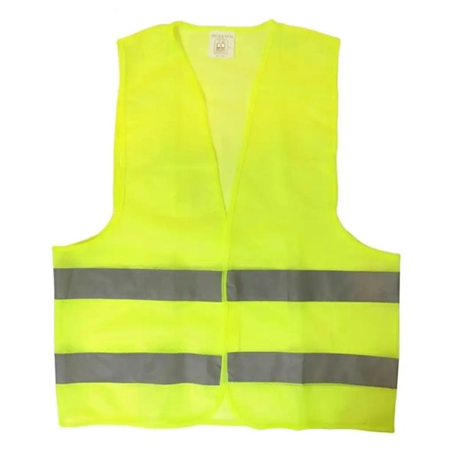 Yellow safety vest with reflective stripes on a white background