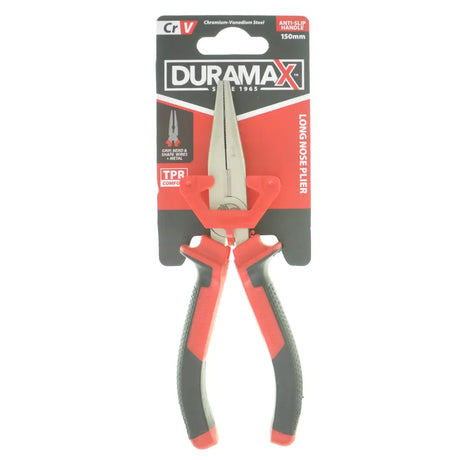 Long nose pliers with red and gray handles on a white background, featuring Duramax branding.