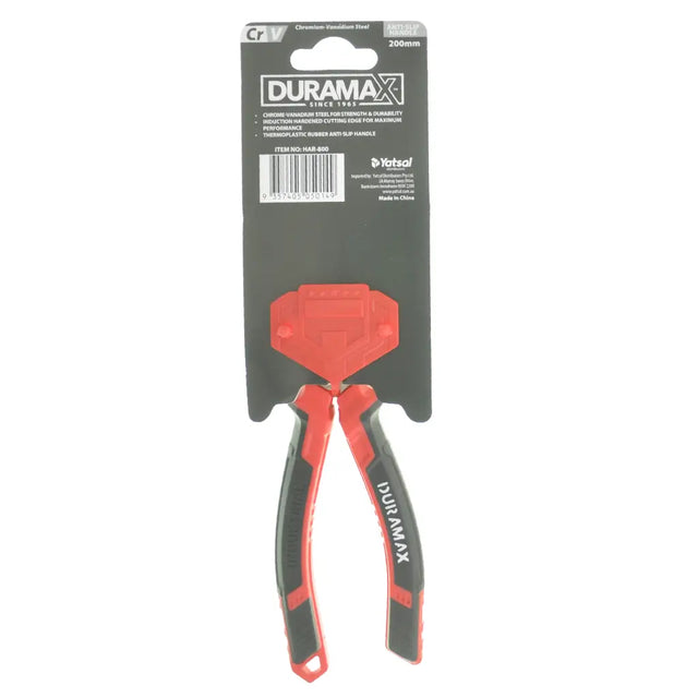 Red and gray pliers with Duramax branding on a white background