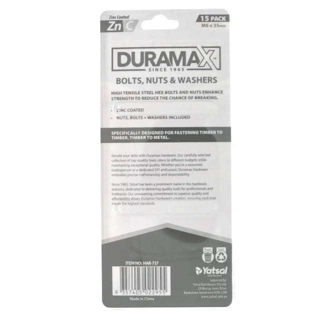 Duramax packaging for bolts, nuts, and washers on a white background