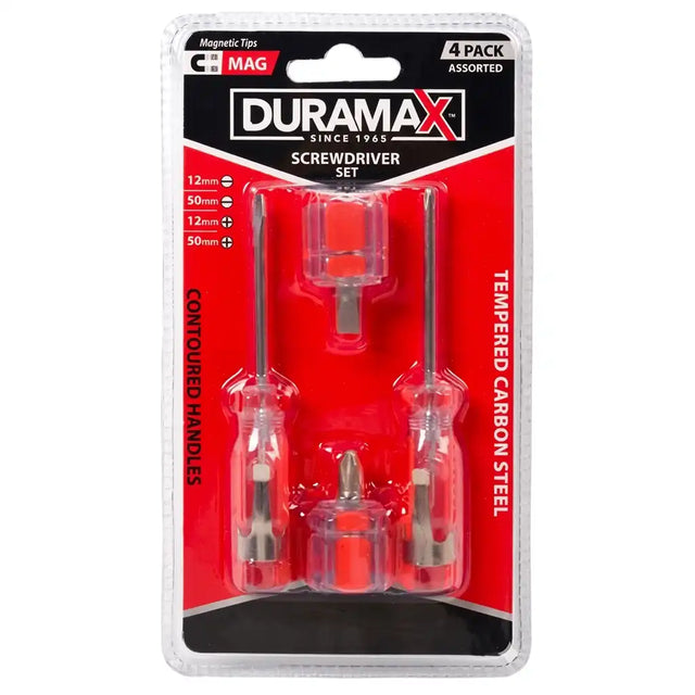 Duramax screwdriver set packaging with four assorted screws on a white background