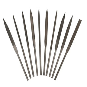 Set of metal files arranged in a fan-like pattern on a white background