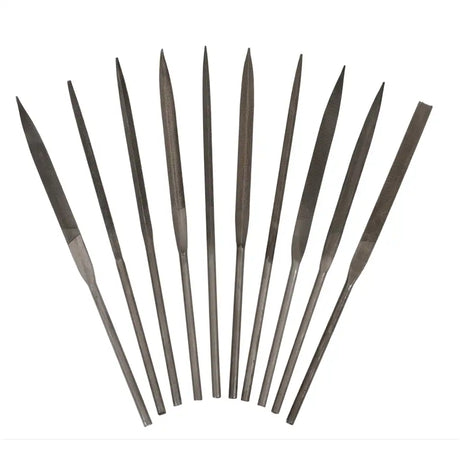 Set of metal files arranged in a fan-like pattern on a white background