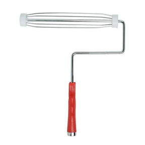 Paint roller with red handle on a white background