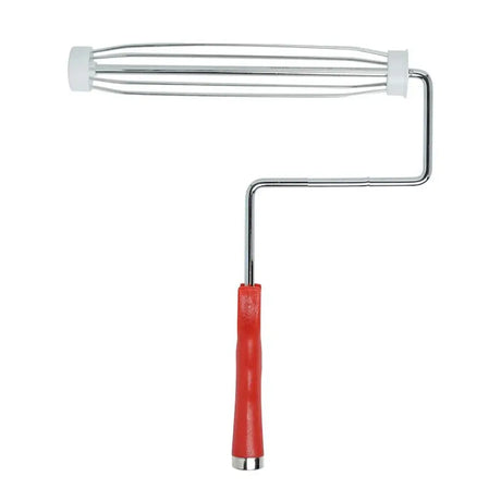 Paint roller with red handle on a white background