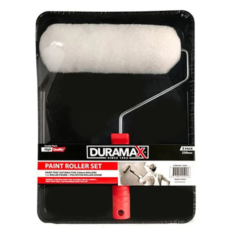 Duramax paint roller set packaging with a roller and frame on a white background