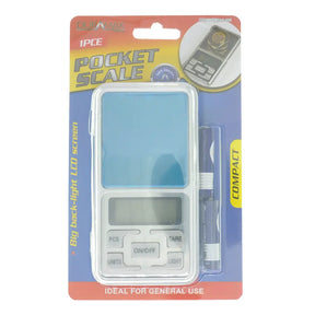 Packaged pocket scale with digital display on a white background