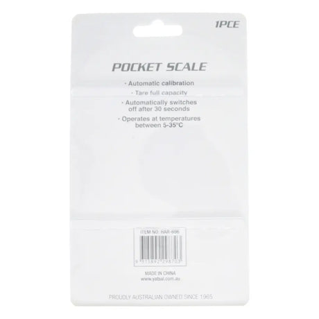 Packaging of a pocket scale with product details on a white background