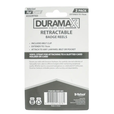 Duramax Retractable Badge Reels packaging with Yatsol branding on a white background