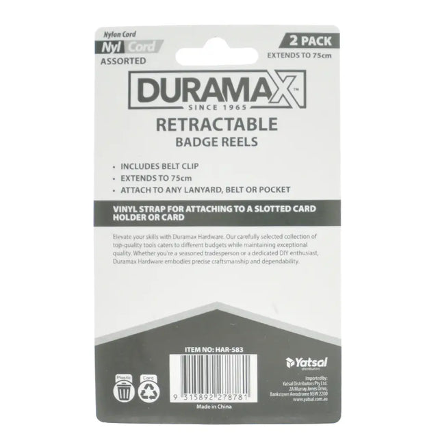 Duramax Retractable Badge Reels packaging with Yatsol branding on a white background