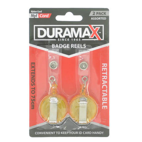 Duramax badge reels packaging with two retractable reels on a white background