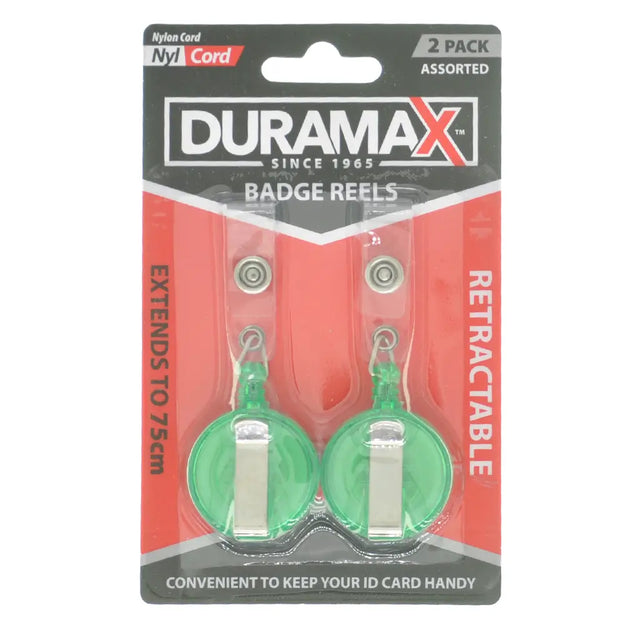 Duramax badge reels packaging with two green reels on a white background