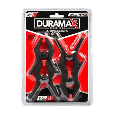 Pack of Duramax spring clamps with clear packaging on a white background