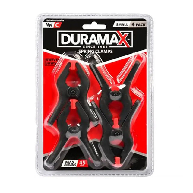 Pack of Duramax spring clamps with clear packaging on a white background