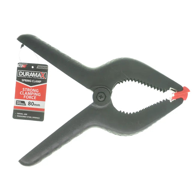 Black spring clamp with red accents and Duramax packaging on a white background