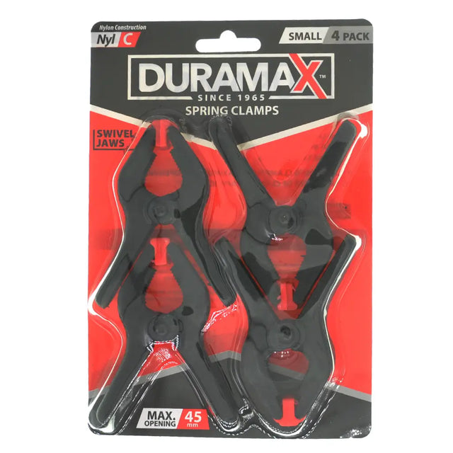 Pack of Duramax spring clamps with clear plastic packaging on a white background