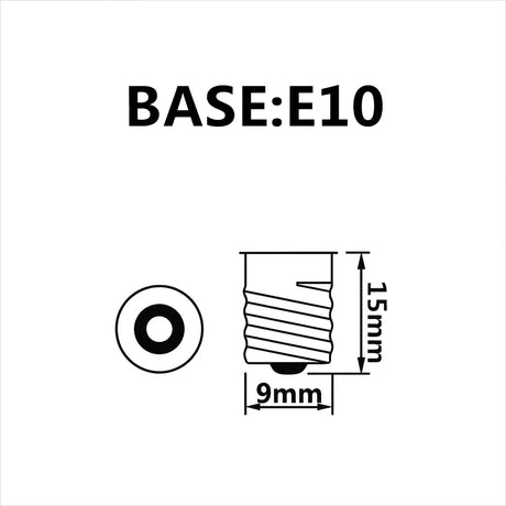 Technical drawing of a screw base labeled 'BASE:E10' with dimensions on a white background.