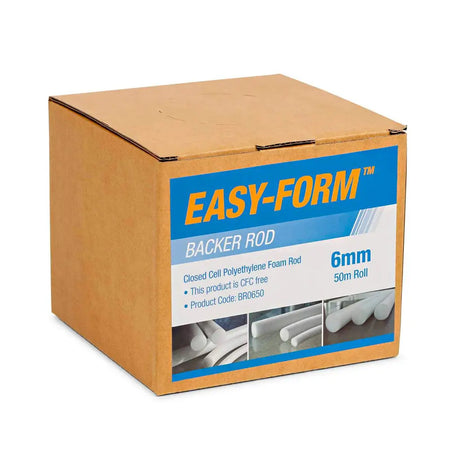 Cardboard box with 'Easy-Form' backer rod packaging on a white background