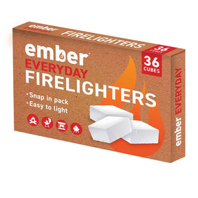 Box of ember Everyday Firelighters with branding and product details on a white background