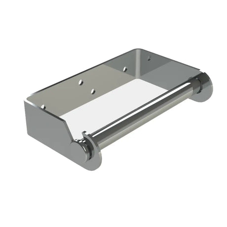 Chrome toilet paper holder on a white background