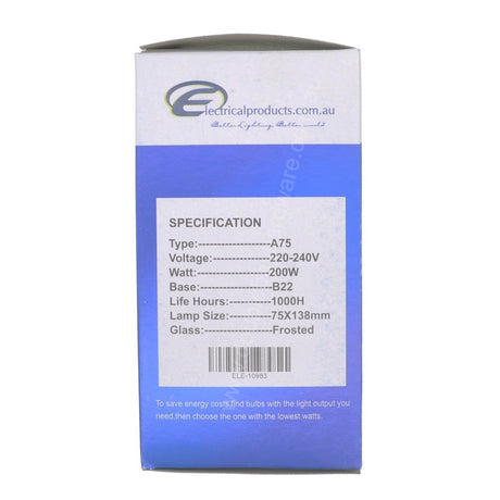 EPA GLS High Wattage Light Bulb B22 220-240V 200W Frosted 10983