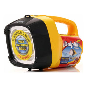 Dolphin Eveready flashlight with yellow and black design on a white background