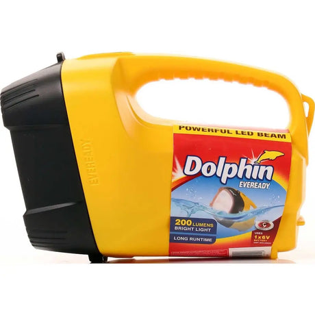 Yellow and black flashlight with Eveready Dolphin branding on a white background