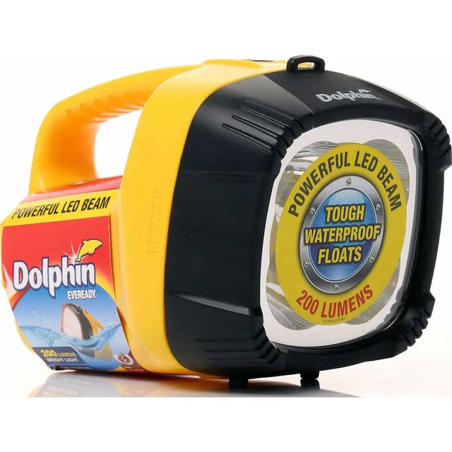 Dolphin Eveready flashlight with yellow and black design on a white background