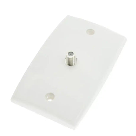 White wall plate with a single coaxial cable connector on a white background