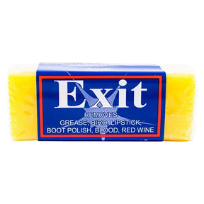 Yellow soap bar with blue label featuring 'Exit' branding on a white background