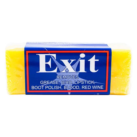 Yellow soap bar with blue label featuring 'Exit' branding on a white background