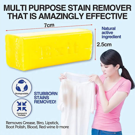 Yellow multi-purpose stain remover block with a woman holding a white cloth, text highlighting features and uses.