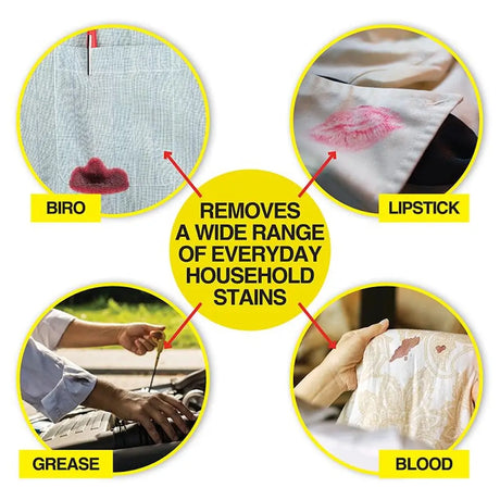 Advertisement showing stain removal capabilities with images of lipstick, blood, grease, and a bio stain on fabric.