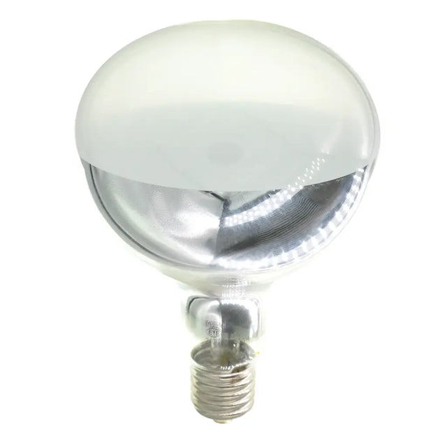 Spherical light bulb with reflective surface on a white background