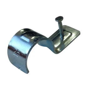 Metal clip with a nail on a white background