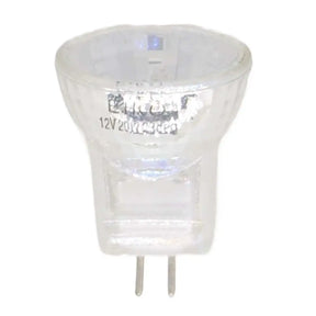 Clear light bulb with visible brand and specifications on a white background