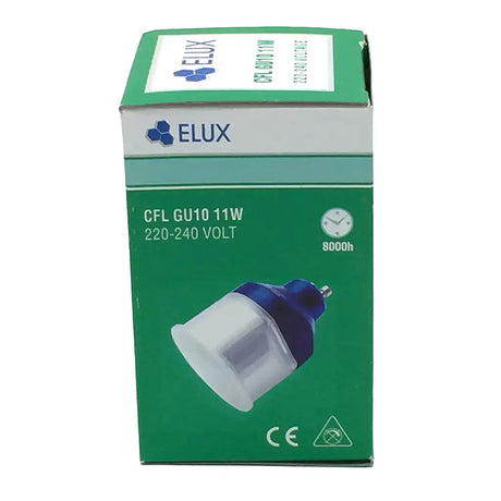 Elux GU10 240V 11W energy saving compact fluorescent bulb on a white background