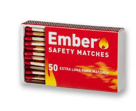 Box of Ember safety matches with red and yellow design on a white background