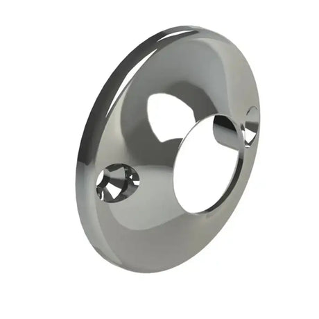 Chrome circular object with a central cutout on a white background