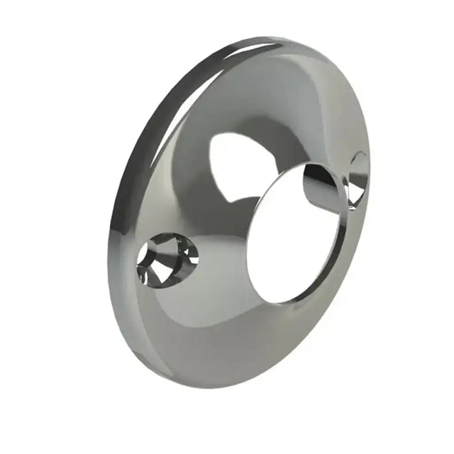 Chrome circular object with a central cutout on a white background
