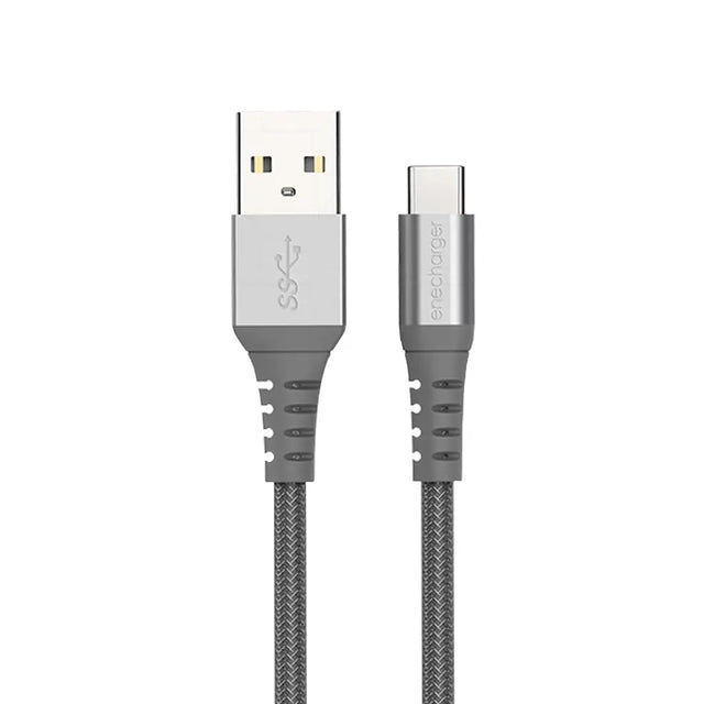 Gray USB cable with one end being a standard USB connector and the other an micro USB connector on a white background.