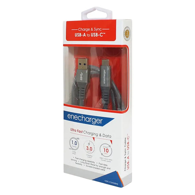 USB-A to USB-C cable packaging with enecharger branding on a white background