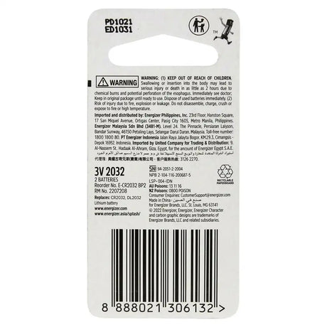 Back of a battery packaging with warning label, barcode, and product details on a white background