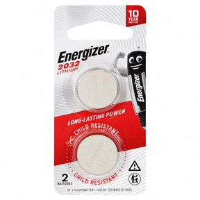 Energizer 2032 lithium battery packaging with two batteries inside on a white background.