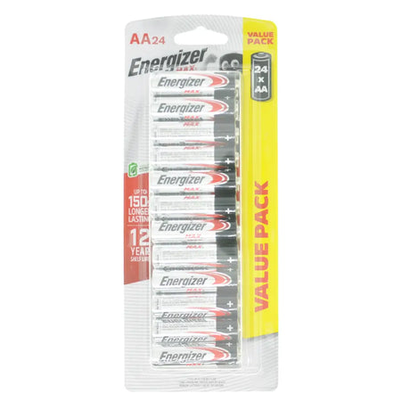 Pack of Energizer AA batteries with a yellow and white packaging on a white background