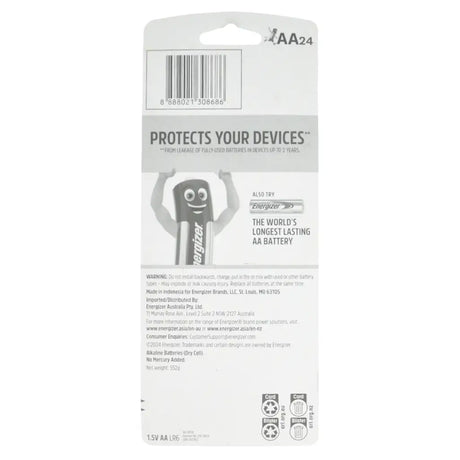 Energizer AA battery packaging with branding and product information on a white background