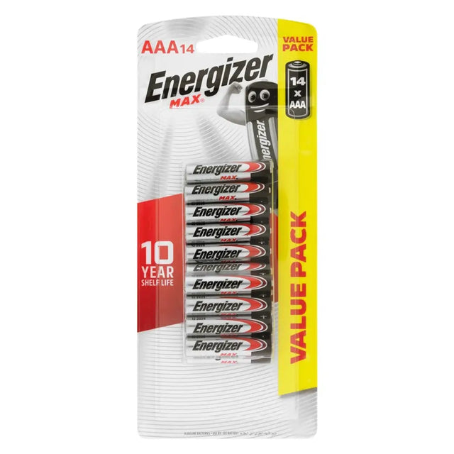Pack of Energizer AAA batteries with a 10-year shelf life claim on a white background